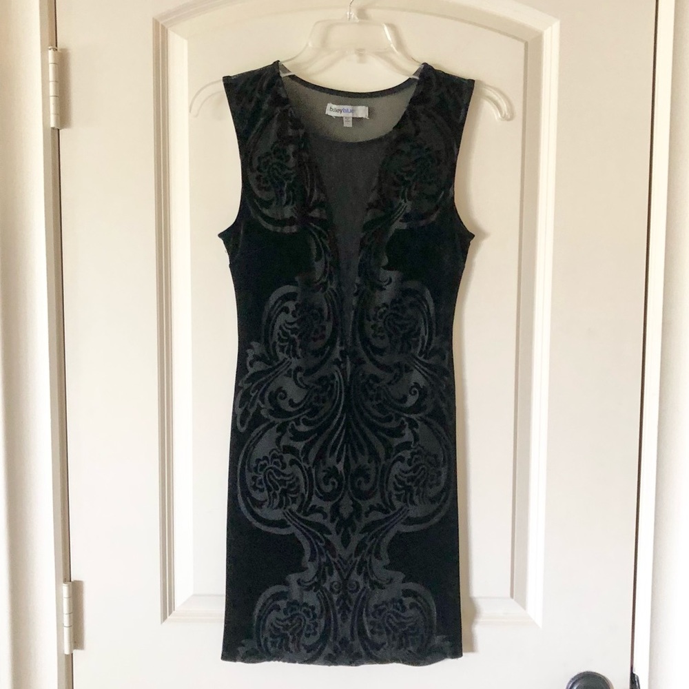 Bailey Blue Velvet Scroll Mesh V-Neck Bodycon Cocktail Dress - Small LBD